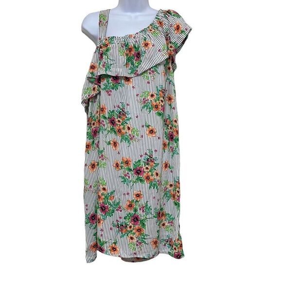 Harlow & Rose 2X Yellow Pink Floral Black Stripes Print Ruffle Shoulder Dress - Picture 1 of 10